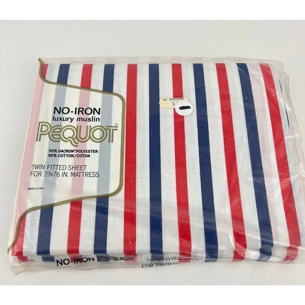 Vtg  Spring Mills Pequot Red White  Blue Striped Twin Fitted Sheet Luxury Muslin